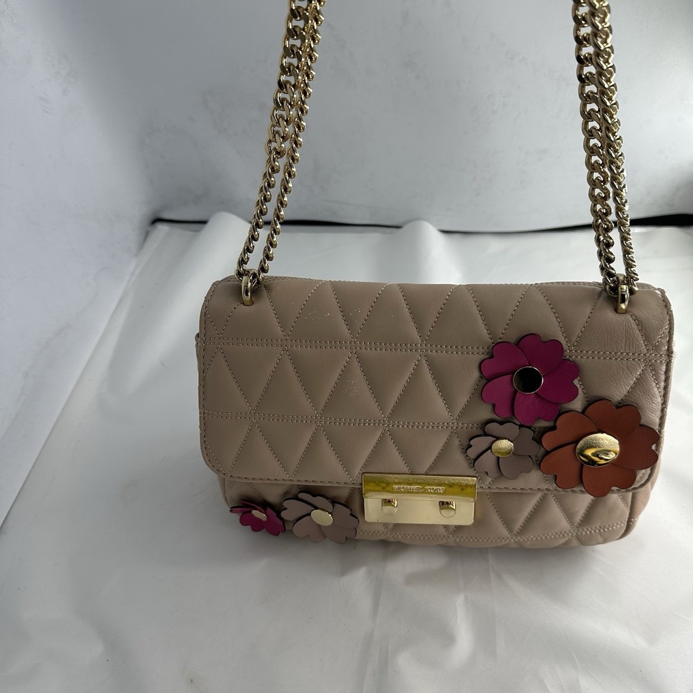 Michael Kors Leather Floral Applique Sloan Shoulder Bag in Oyster RARE